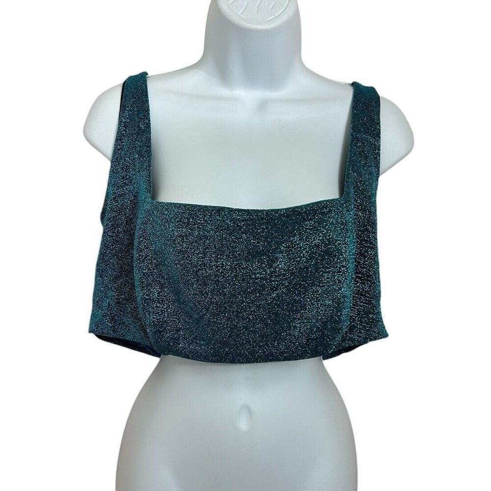 Asos Design Curve Crop Bikini Top Sz 16 Blue Glitter Square Neckline